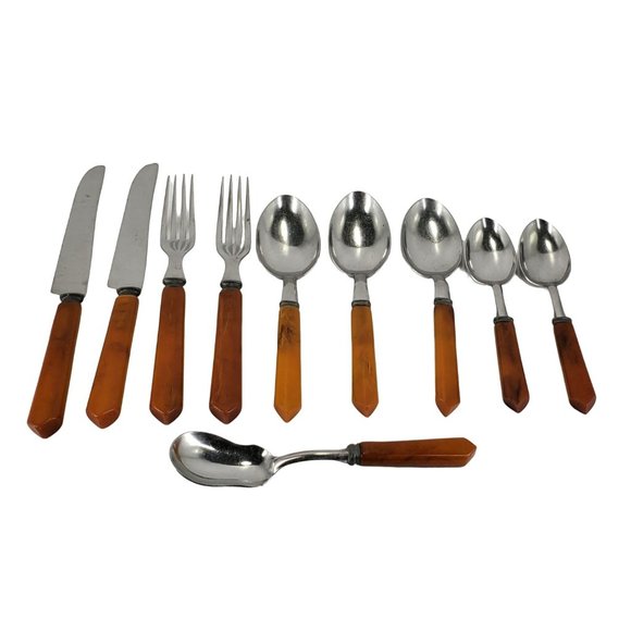 Sta-Brite Bakelite & Stainless Steel Flatware Butterscotch 10 pieces Vintage - Picture 1 of 7